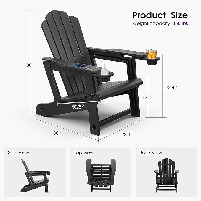 PURPLE LEAF Adirondack Chair HDPE All-Weather Outdoor Fire Pit Chair with 24.6" Oversized Seat Wood-Textured Patio Adirondack Chair with Dual Cup Holders for Garden Deck Backyard, Black