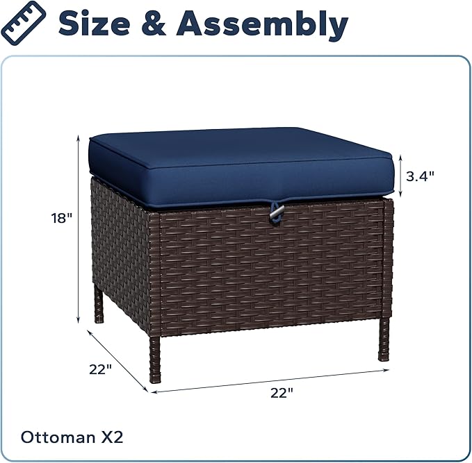 Wicker Ottomans with Cushions, Patio PE Rattan Furniture Set with Weather-Resistant Cushions for Porch, Backyard, Deck - Photo 2