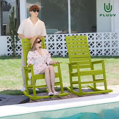 PLUUV Outdoor Rocking Chair Set of 2 with Removable Footboard for Adults, HDPE High Back Patio Rocking Chairs, 330lbs All Weather Porch Rocking Chairs for Outdoor & Indoor -Pistachio Green