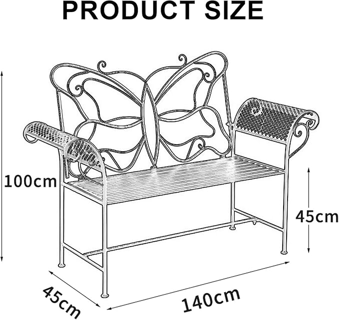Small Outdoor Bench for Porch Metal Garden Benches with Butterflies Pattern Backrest and Armrests for Garden, Porch, Yard (White, Black, Blue) (Color : Black)