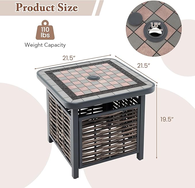 Tangkula 21.5 Inches Outdoor PE Rattan Side Table, All Weather Patio Square End Table with Resin Tabletop, Umbrella Hole, Metal Frame, Outdoor Coffee Table for Garden, Backyard, Balcony, Poolside