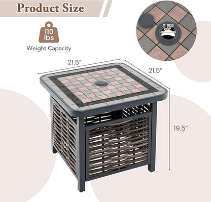 Tangkula 21.5 Inches Outdoor PE Rattan Side Table, All Weather Patio Square End Table with Resin Tabletop, Umbrella Hole, Metal Frame, Outdoor Coffee Table for Garden, Backyard, Balcony, Poolside