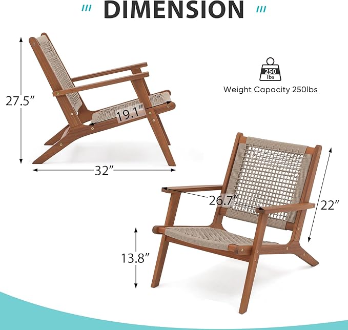 Verano Garden Set of 2 Patio Lounge Chair, Modern Acacia Wood Accent Armchair with Handwoven Rope for Patio, Living Room - Photo 6