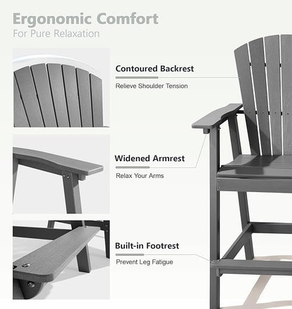 PASAMIC Tall Adirondack Chair Set of 2, All-Weather HDPE Outdoor Chairs with Removable Double Trays, Bar Height Adirondack Chairs for Balcony, Deck, Patio, Backyard, Light Gray
