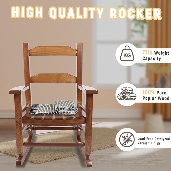 Toddler Rocking Chair Kids Wooden Indoor for Comfy Recliner Rocker for Baby Ages 3-6 Outdoor Lounge Children Playroom Anti-Tip Design Safe & Sturdy Brown