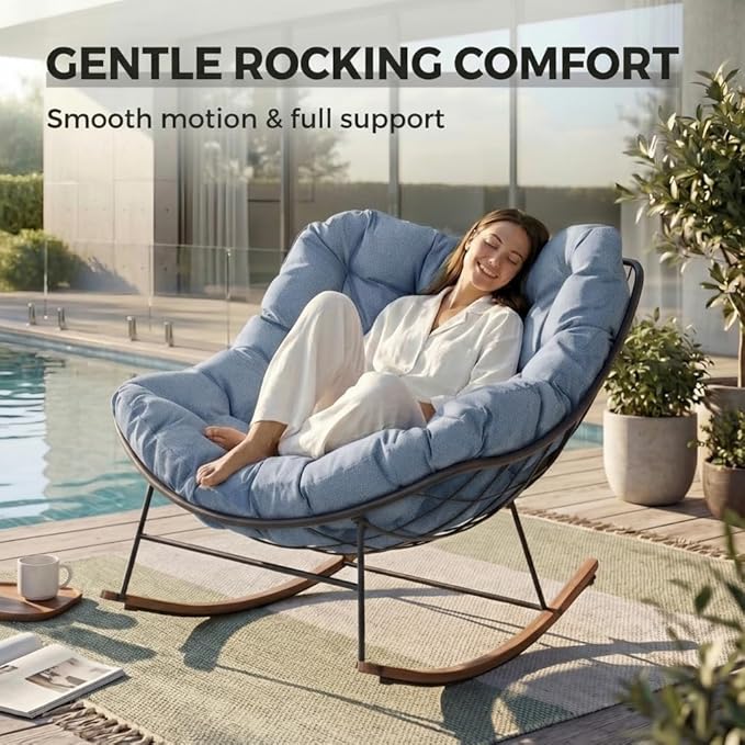 Grand patio Outdoor Rocking Chair, E-Coated Modern Cozy Lounge Rocker Chair with Cushion for Balcony Porch Patio, Light Blue