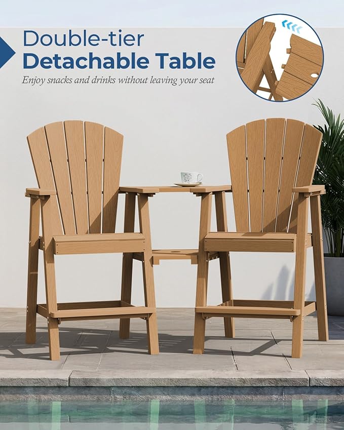 Ciokea Tall Adirondack Chairs Set of 4, HDPE Outdoor Adirondack Bar Stools with Double Connecting Tray, Weather Resistant High Back Adirondack Balcony Chairs for Deck, Lawn, Pool, Backyard, Teak