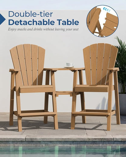 Ciokea Tall Adirondack Chairs Set of 4, HDPE Outdoor Adirondack Bar Stools with Double Connecting Tray, Weather Resistant High Back Adirondack Balcony Chairs for Deck, Lawn, Pool, Backyard, Teak