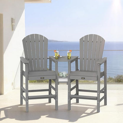 VINGLI Tall Adirondack Chairs Set of 2 with Dual Trays, All-Weather HDPE Outdoor BarStools Poly Deck Chairs for Patio, Poolside and Balcony (Grey)