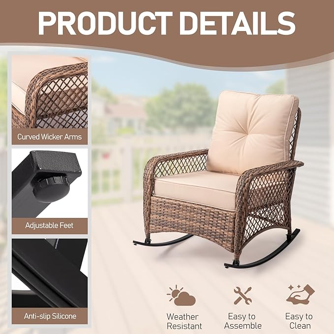 Outvita Outdoor Wicker Rocking Chair, Patio Rattan Rocker Chair w/Cushions & Steel Frame, All-Weather Rocking Lawn Wicker Furniture for Garden Backyard Porch Deck (Beige)