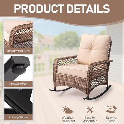 Outvita Outdoor Wicker Rocking Chair, Patio Rattan Rocker Chair w/Cushions & Steel Frame, All-Weather Rocking Lawn Wicker Furniture for Garden Backyard Porch Deck (Beige)
