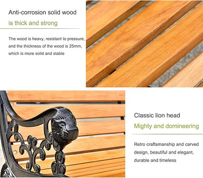 Garden Bench, Cast Iron Metal Frame Patio Park Bench, Wrought Iron Bench with Backrest and Armrests, Patio Bench with Wood Seat, Outside Furniture Decor, for Lawn, Park, Deck(Yellow)