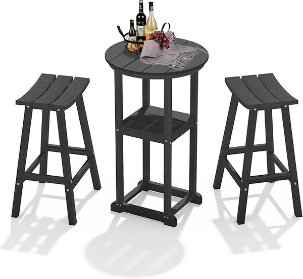 Ciokea 3 Pcs Space-Saving Round Bistro Set, High-Top Outdoor Bar Set with Storage Shelf & 2 Saddle Stools - Photo 1