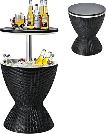 Giantex Outdoor Ice Cooler Side Table with Adjustable Height, 8 Gal Beverage Bucket with Drain Plug, Rattan Patio Bar Table for Poolside, Deck, BBQ & Backyard Parties
