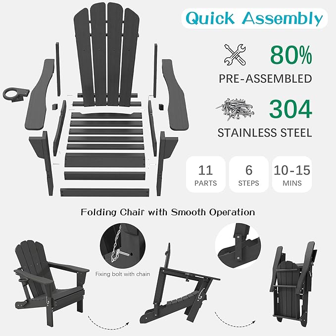 Domi Folding Adirondack Chair Set of 8, HDPE All-Weather Adirondack Chairs with Cup Holder - Photo 8