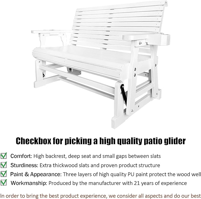 Fortune Candy Patio Glider with Cup Holders, High Roll Back and Deep Contoured Seat,Heavy Duty 800 Lb (White, 2-Seater) - Photo 4