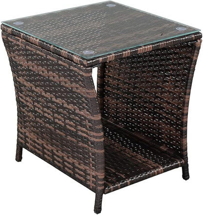 Rattan End Table Side Table, Glass Rattan Coffee Table for Outdoor Backyard Lawn Balcony Pool Square Tempered Glass Top Wicker Rattan End Table Furniture with Storage (Brown5)
