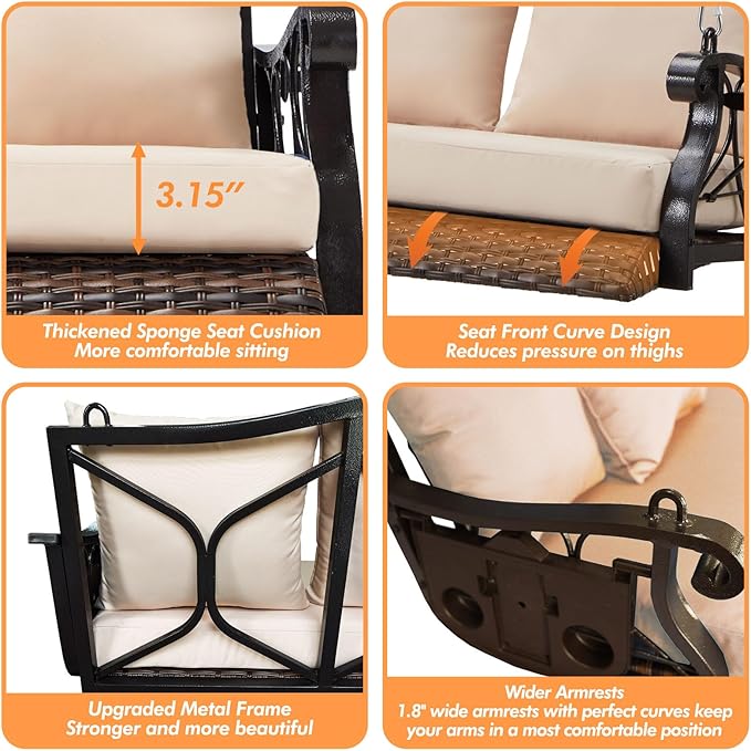 3-Person Wicker Porch Swing Chair Heavy Duty 900 LBS Outdoor Rattan Patio Swing Chair w/Cup-Holder & Steel Chains - Photo 4