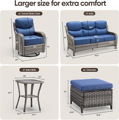Swivel Patio Chairs sofa Set of 6 - 6" Thick Cushion - Wicker Outdoor Swivel Rocker Patio Chair ,Sofa/Glass coffee table, High Back Comfortable Outdoor Glider Chairs - Grey Wicker | Blue Cushions