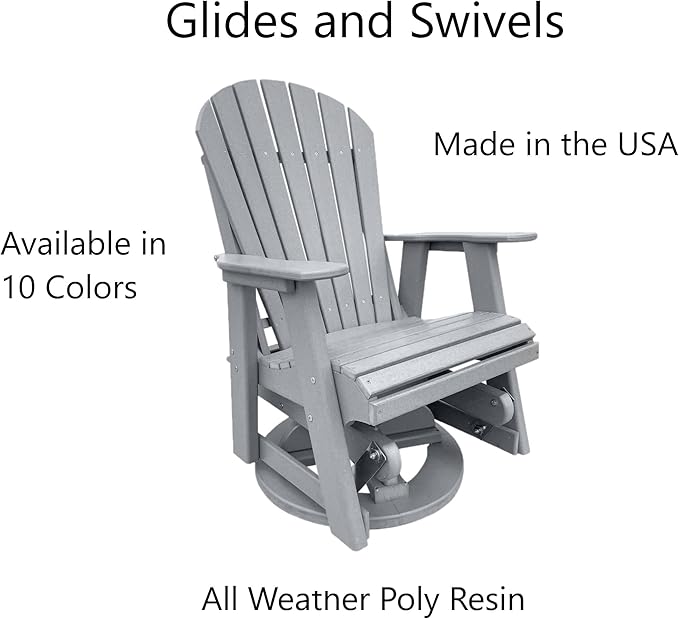 Phat Tommy Glider for Outside Patio - Outdoor Swivel Glider Chair - Poly Outdoor Furniture, Adirondack Porch Glider Chair, Grey