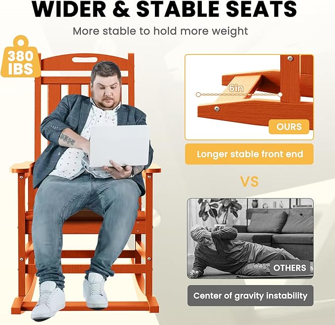 LOUNZY Outdoor Rocking Chair with Footboards Set of 8, HDPE Rocking Chair Patio Porch Rocker with 380lbs Support for Adult, Orange