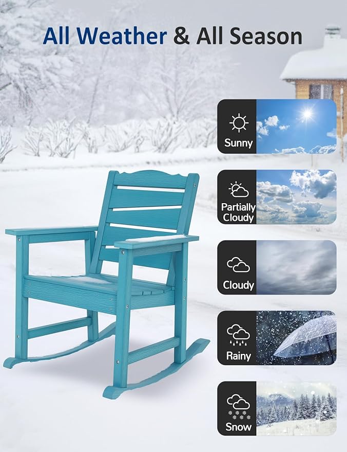 Patio Rocking Chair, Weatherproof HIPS Outdoor Rocking Chair for Adults, 400LBS Support Heavy Duty Porch Rocking Chairs for Garden, Lawn, Backyard, Outdoor and Indoor (Lake Blue)
