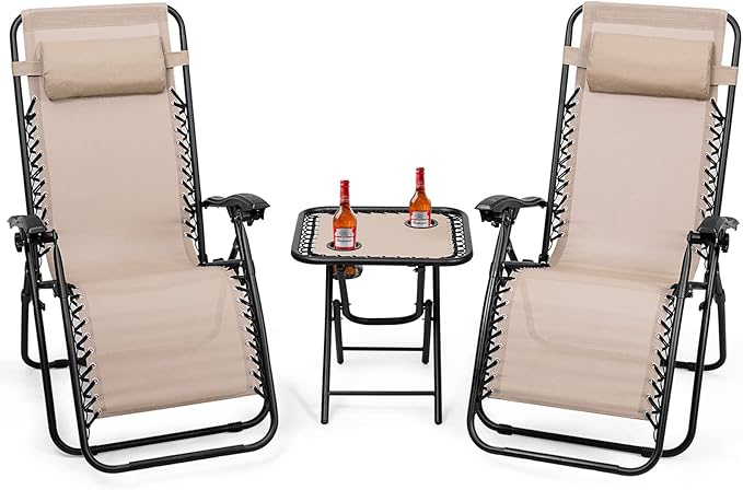 Goplus Zero Gravity Chair Set, 3 Pieces Outdoor Lounge Chair Recliners w/Side Table, Headrest and Cup Holders - Photo 1