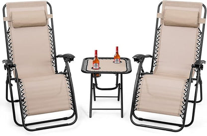 Goplus Zero Gravity Chair Set, 3 Pieces Outdoor Lounge Chair Recliners w/Side Table, Headrest and Cup Holders, Adjustable Folding Recliners and Table for Patio, Yard, Pool, Beach (Beige)