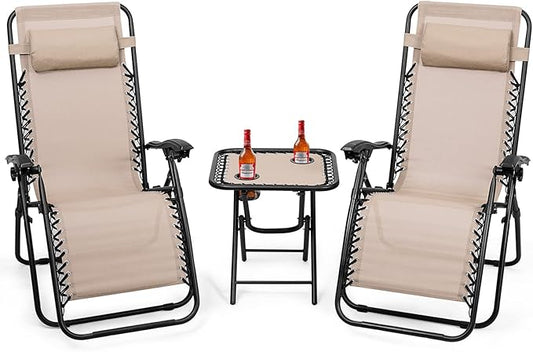 Goplus Zero Gravity Chair Set, 3 Pieces Outdoor Lounge Chair Recliners w/Side Table, Headrest and Cup Holders, Adjustable Folding Recliners and Table for Patio, Yard, Pool, Beach (Beige)