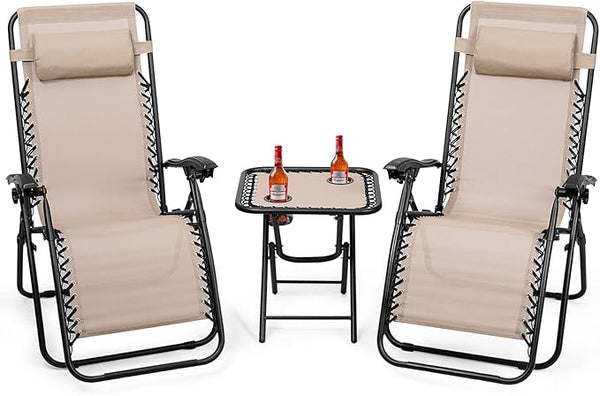 Goplus Zero Gravity Chair Set, 3 Pieces Outdoor Lounge Chair Recliners w/Side Table, Headrest and Cup Holders - Photo 1