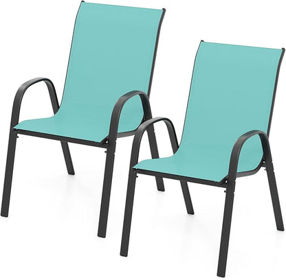 COSTWAY Patio Dining Chairs Set of 2, Stackable Outdoor Chairs with Armrest and High Back, Breathable Fabric & Metal Frame Chair for Garden Poolside Backyard Deck (Turquoise)