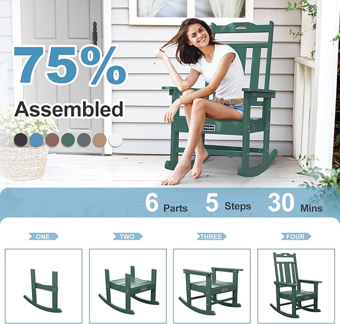 nalone Outdoor Rocking Chairs Set of 2, Oversized Porch Rocker Chair for Adult, All-Weather Resistant Patio Rocking Chair for Garden Lawn(Green)