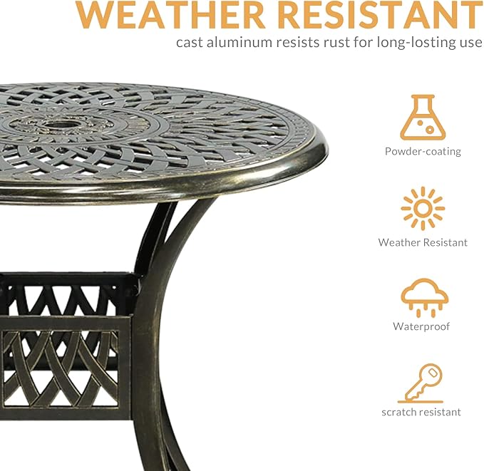 Outdoor Cast Aluminum Patio Table, 31” Round Bistro Table with 2” Umbrella Hole for Patio Furniture Garden Deck Backyard