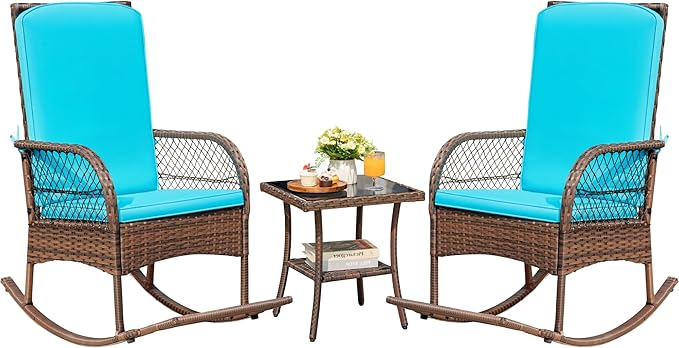 Devoko Outdoor Rocking Chairs 3 Piece Patio Furniture Set with Side Table & Cushions, Wicker Porch Rocker Bistro Set High Back for Balcony, Backyard, Garden (Blue)