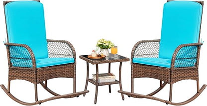 Devoko Outdoor Rocking Chairs 3 Piece Patio Furniture Set with Side Table & Cushions, Wicker Porch Rocker Bistro Set High Back for Balcony, Backyard, Garden (Blue)