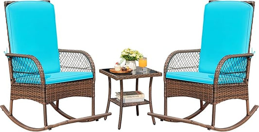 Devoko Outdoor Rocking Chairs 3 Piece Patio Furniture Set with Side Table & Cushions, Wicker Porch Rocker Bistro Set High Back for Balcony, Backyard, Garden (Blue)