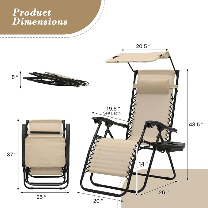 Athena Collection Patio Chairs Set of 2 Reclining Lounge Chair with Cup Holder and Pillow Fabric Camping Chairs with Canopy Foldable Beach Chairs for Garden, Park, Deck, Yard, Poolside, Cream