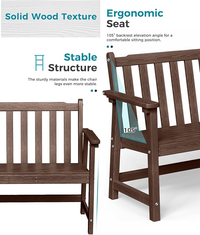 Outdoor Bench, 2-Person HDPE Garden Bench, All Weather Poly Patio Bench for Outdoors, Garden, Backyard, Porch and Park, 550 lbs Weight Capacity, Brown, 2 Pack