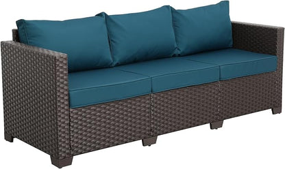 Valita Patio Furniture 3-seat Sofa Brown Wicker Outdoor Furniture Outdoor Couch Deep Seat High Backrest Waterproof Cover Anti-Slip Washable Cushions, Peacock Blue