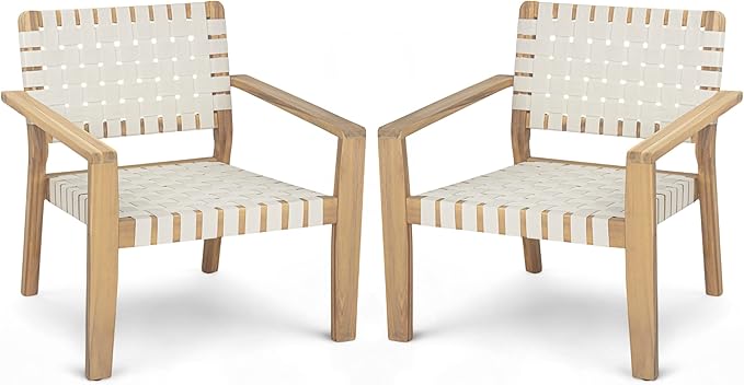 Christopher Knight Home Set of 2 Lena Patio Furniture Acacia Wood Armchair, Woven Rope Outdoor Club Chair, Deep Seating Porch Chairs for Garden, Backyard/Balcony, Light Teak Finish & White