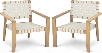 Christopher Knight Home Set of 2 Lena Patio Furniture Acacia Wood Armchair, Woven Rope Outdoor Club Chair, Deep Seating Porch Chairs for Garden, Backyard/Balcony, Light Teak Finish & White