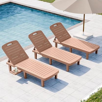 CDCASA Outdoor Chaise Lounge Set of 4, Pool Lounge Chairs w/5 Adjustable Positions & Side Tray, Waterproof Resin Lounges for Poolside,Yard,Garden,Sunbathing, for All Weather, Brown