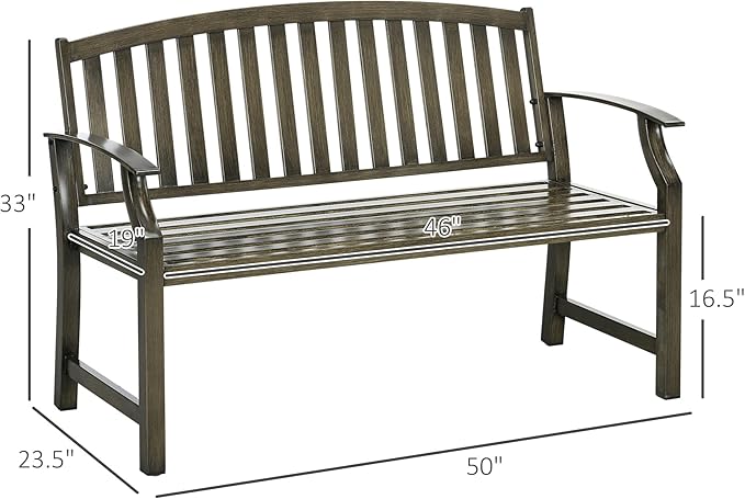 46" Outdoor Garden Bench, Metal Bench, Wood Look Slatted Frame Furniture for Patio, Park, Porch, Lawn, Yard, Deck, Black
