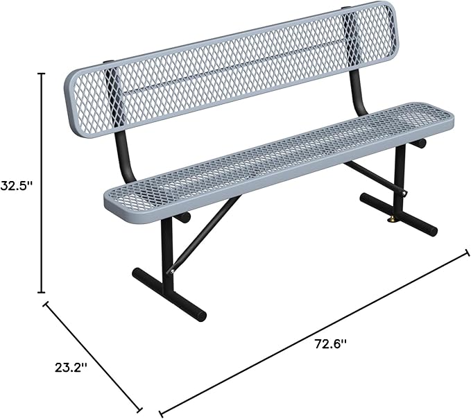 6ft Gray Metal Park Bench with Backrest, Heavy Duty Outdoor Benches Weatherproof Steel Long Playground Bench Seats, Commercial Garden Benches Red Dock Benches for Lawn, Park, Deck,Patio, Porch