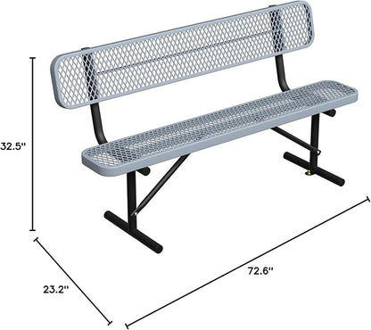 6ft Gray Metal Park Bench with Backrest, Heavy Duty Outdoor Benches Weatherproof Steel Long Playground Bench Seats, Commercial Garden Benches Red Dock Benches for Lawn, Park, Deck,Patio, Porch