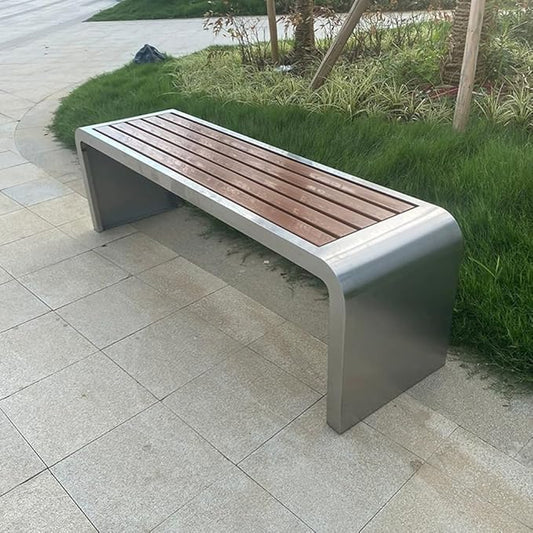 LITFAD Outdoor Indoor Bench Stainless Steel Metal Park Bench with Waterproof Brown Wood Seating Modern Garden Bench for Patio, Lawn, Yard, Porch - Type B 87" L x 16" W x 18" H