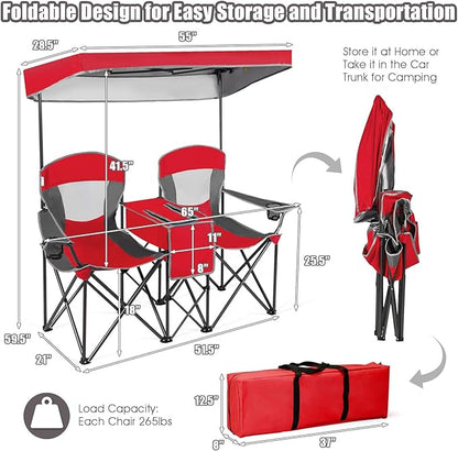 S AFSTAR Double Camping Chair w/Shade Canopy, 2-Person Folding Camp and Beach Chair with Mini Table Beverage Cup Holder Carrying Bag, Collapsible Camping Chairs for Garden Patio Pool Beach