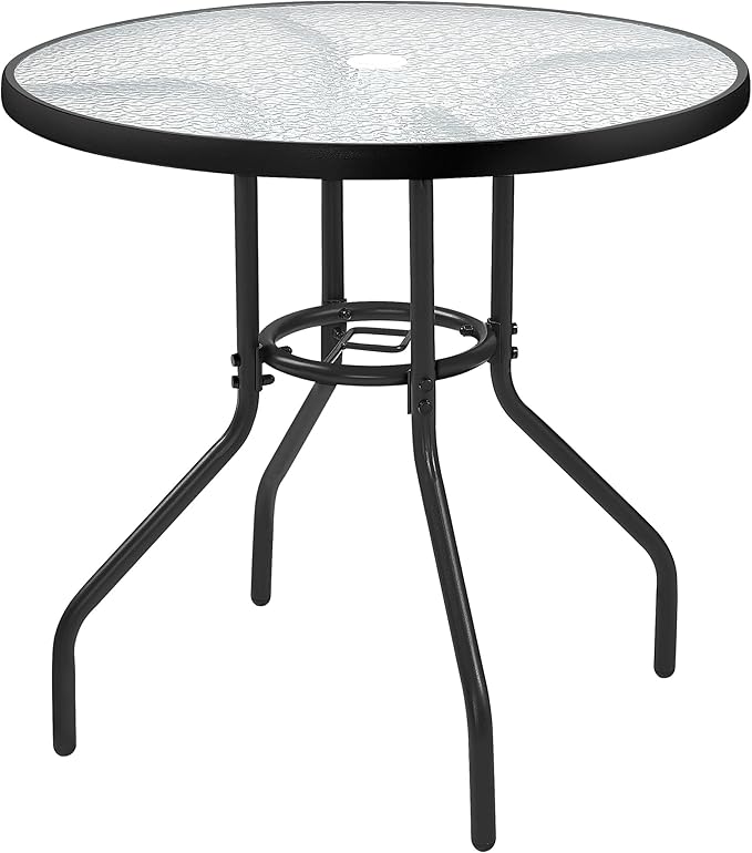 Yaheetech 27.4'' Patio Bistro Table Round Outdoor Coffee Table, Round Tempered Glass Top with 1.7'' Umbrella Hole, Iron Frame for Balcony Backyard Lawn and Garden