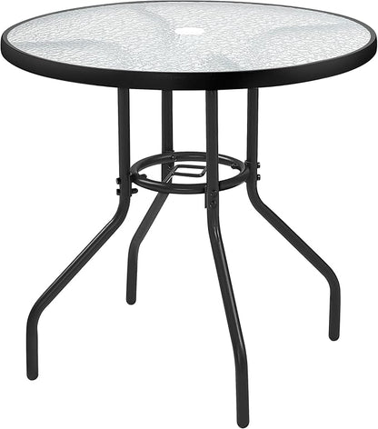 Yaheetech 27.4'' Patio Bistro Table Round Outdoor Coffee Table, Round Tempered Glass Top with 1.7'' Umbrella Hole, Iron Frame for Balcony Backyard Lawn and Garden