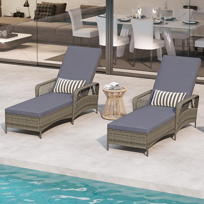 Wicker Chaise Lounge Chair, Patio Rattan Recliner with 6-Position Adjustable Backrest, Soft Cushions, Removable Lumber Pillow & Armrests, Lounger Chair for Poolside & Backyard (Gray)